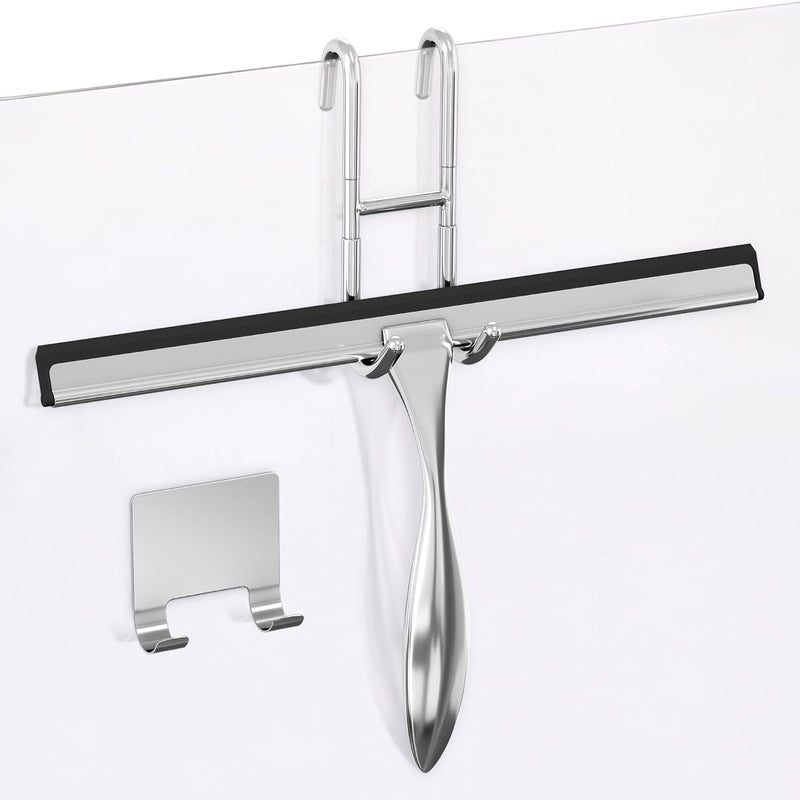 NOVSIX 12 Inch Silver All-Purpose Stainless Steel Shower Squeegee for Shower Glass Door with 2 Hooks (Adhesive & Regular), Bathroom Cleaner Tool, Window & Mirror Squeegee for Tile Walls, Car Glass Surfaces - Image 1